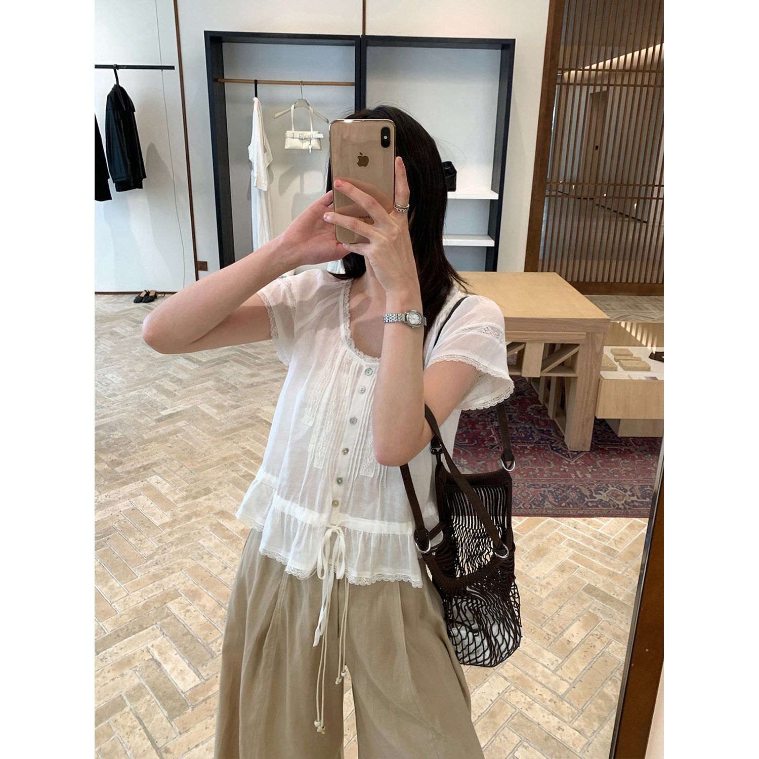 THXGIVING 少女漫夏 蕾丝拼接抽绳荷叶边下摆显瘦小衫上衣女2026
