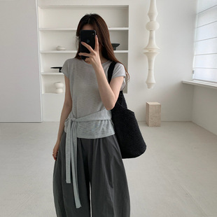 THXGIVING 韩系飞飞袖绑带收腰显瘦针织衫女2025夏季新款薄款上衣