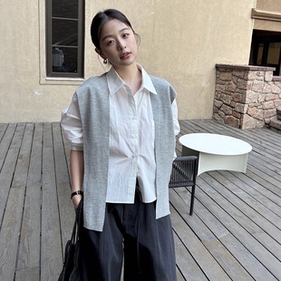 THXGIVING叠穿感拉满 韩系职场通勤假两件针织拼接衬衫女2026春款