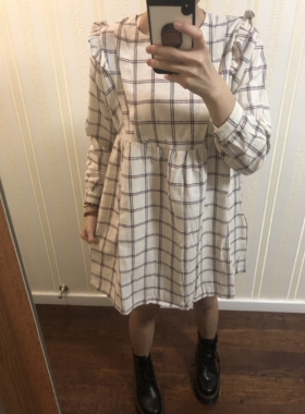 nacostyle出口韩国甜美英伦风格子七分袖纯棉起毛连衣裙