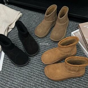 【BYBY】秀气头牛皮加绒短筒厚底雪地靴女26冬季保暖防滑加厚百搭