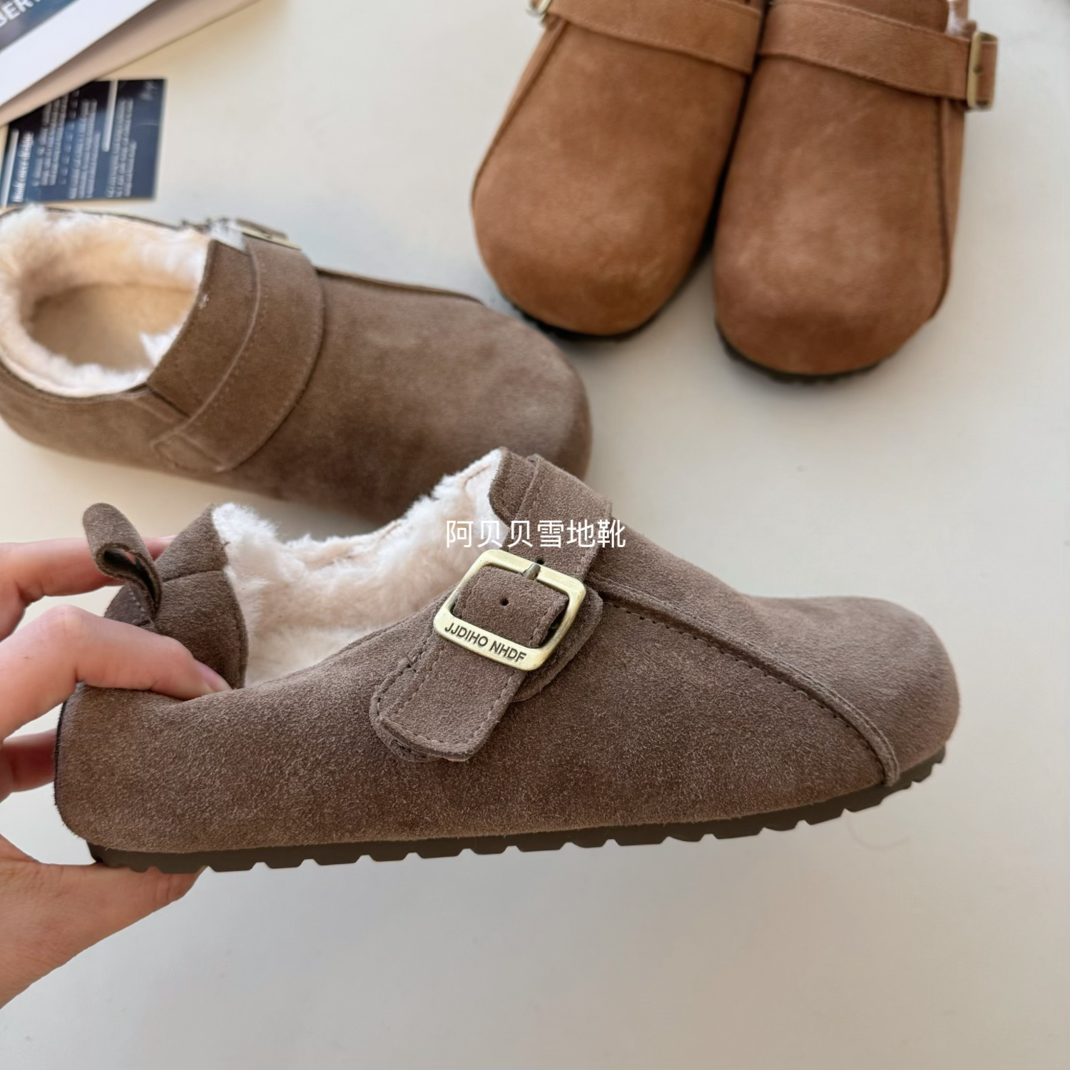 【阿贝贝】真皮软底加绒勃肯鞋女复古搭扣一脚蹬包头低帮防滑百搭