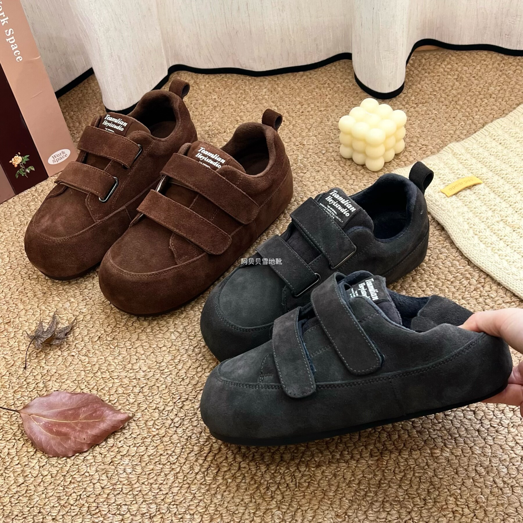 【BYBY】内增高真皮勃肯鞋女2025秋冬新款魔术贴休闲复古德训鞋