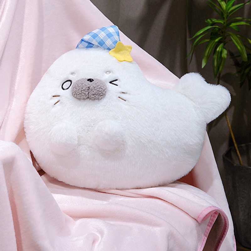 卡通白色海豹毛绒抱枕暖手毯子二合一萌萌海豹靠垫午睡枕礼物