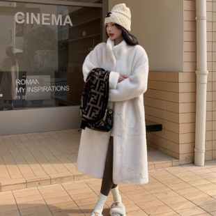 仿水貂绒长款 皮毛一体秋冬季 环保皮草外套女宽松立领加厚毛毛大衣
