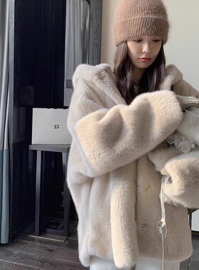 环保皮草外套女2025新款连帽秋冬季仿水貂毛毛绒年轻款毛茸茸大衣