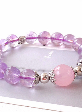 【紫丁香】包邮 天然水晶手链 女款 浅紫水晶 粉玉髓  手串