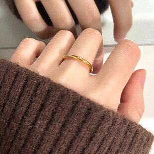 18K金素圈光面简约金色细闪戒指女气质食指戒高级感可水洗不掉色