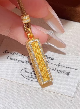 新中式金色四方来财麦穗镶钻吊坠