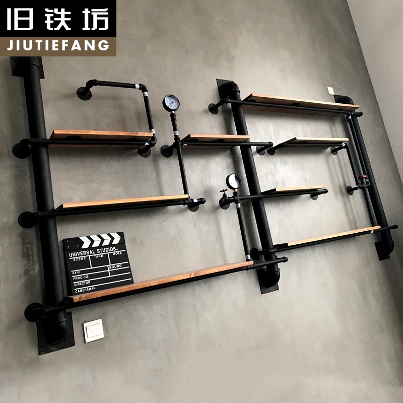 铁艺水管墙上置物架复古创意实木书架工业风装饰壁挂收纳隔板架子