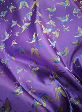 紫色弹丝蝴蝶国风旗袍童装娃丝绸缎布料装饰手工提花织锦缎古DIY