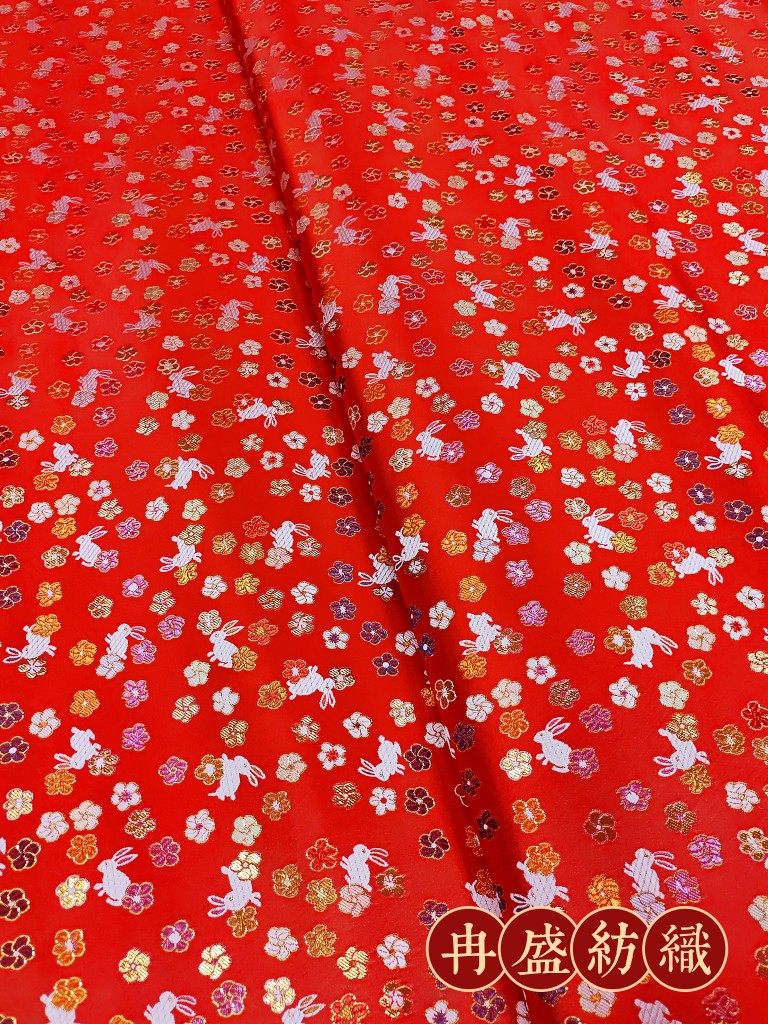 吉祥花玉兔大红金皮布料汉服辅料童装拜年服布料厂家直销零剪批发