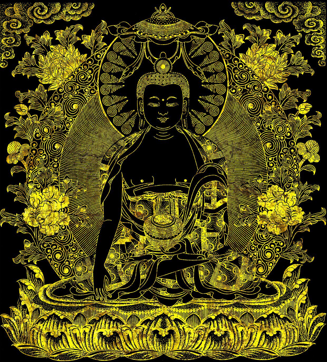 唐卡描金释迦摩尼佛描金线画稿DIY手绘唐卡佛像涂色装饰画黑唐卡