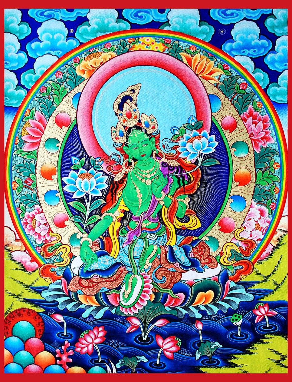 唐卡描金绿度母描金线画稿diy手绘唐卡佛像涂色装饰画黑唐卡