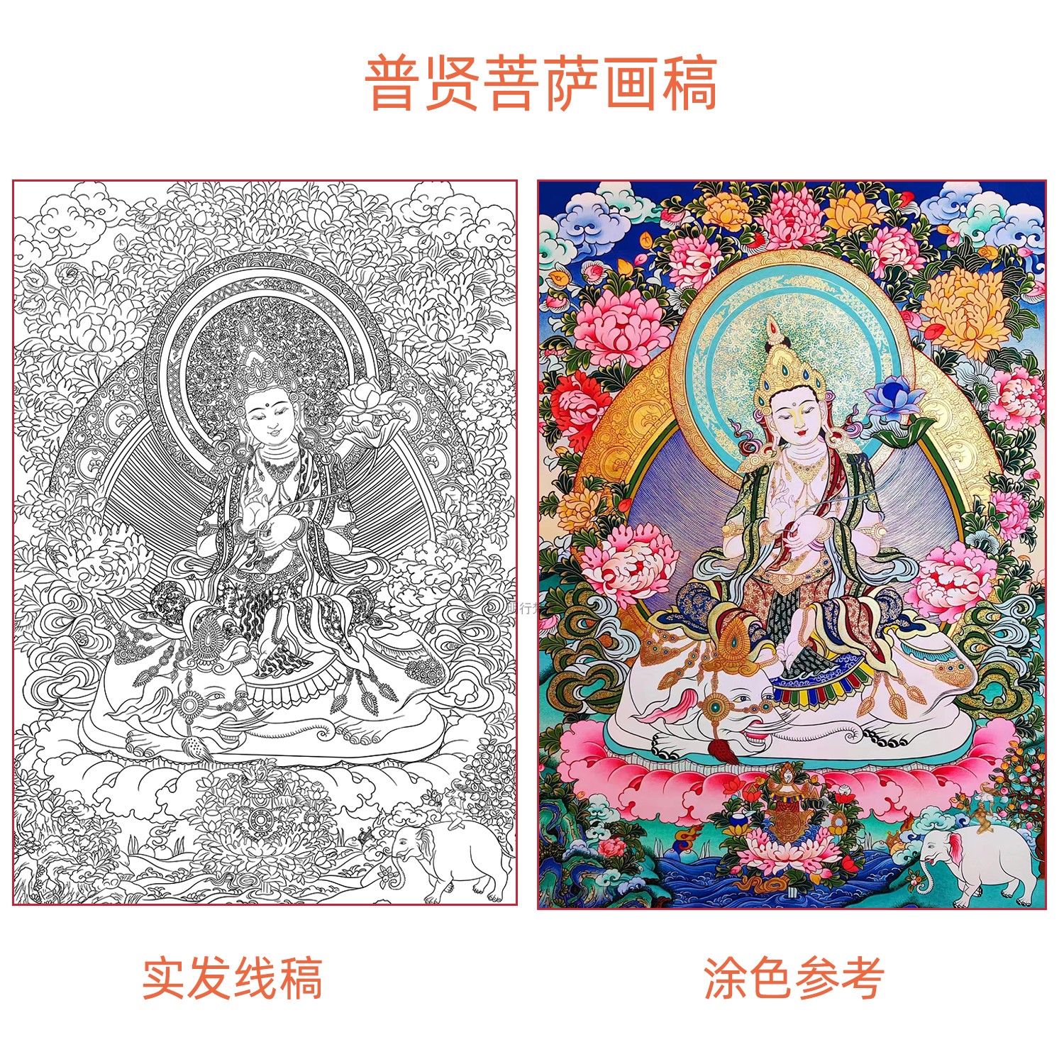 普贤菩萨佛像涂色唐卡佛像描金唐卡手绘diy自己画唐卡线稿装饰画