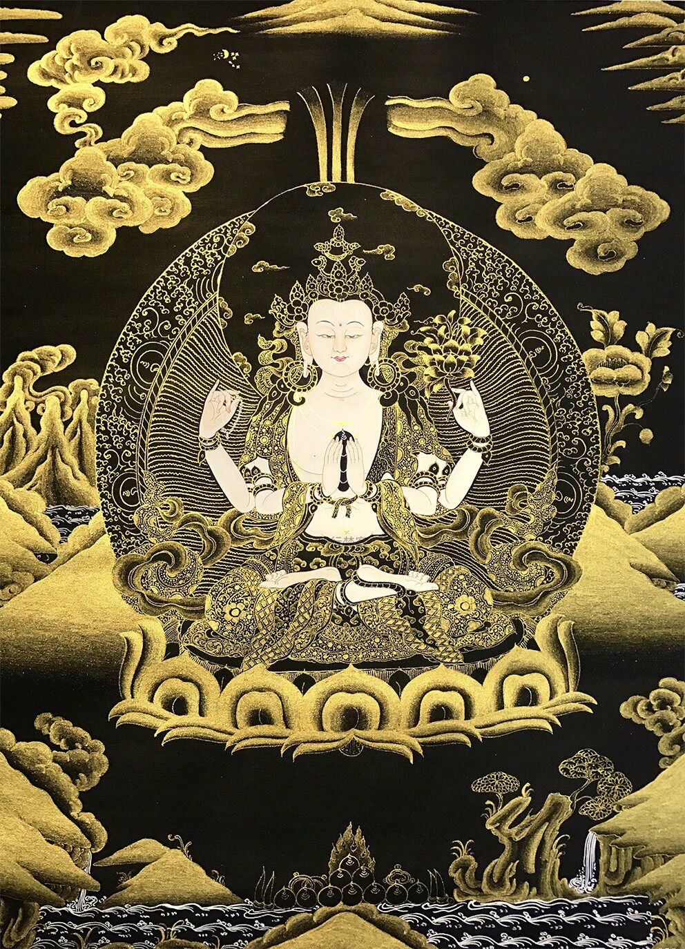 唐卡描金四臂观音描金线画稿DIY手绘佛像静心减压涂色装饰画黑唐