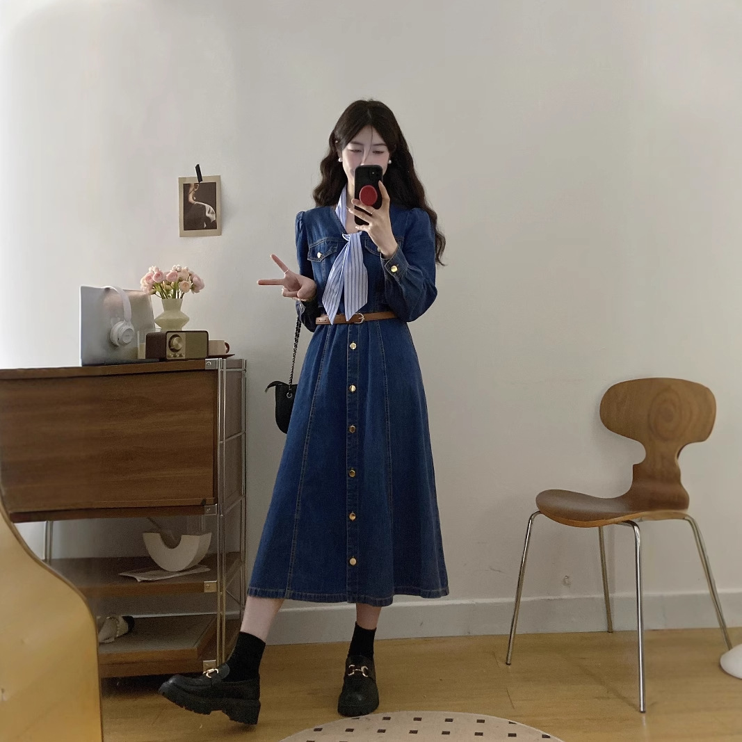 2025年春秋大码牛仔长袖连衣裙女春季新款设计感复古收腰显瘦