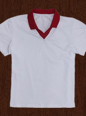 夏季中小学生校服短袖白色T恤红色V领初高中生运动休闲POLO衫薄