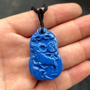 实木蓝色木牛吊坠木雕十二生肖木质牛招财木头牛新中式工艺牛挂坠