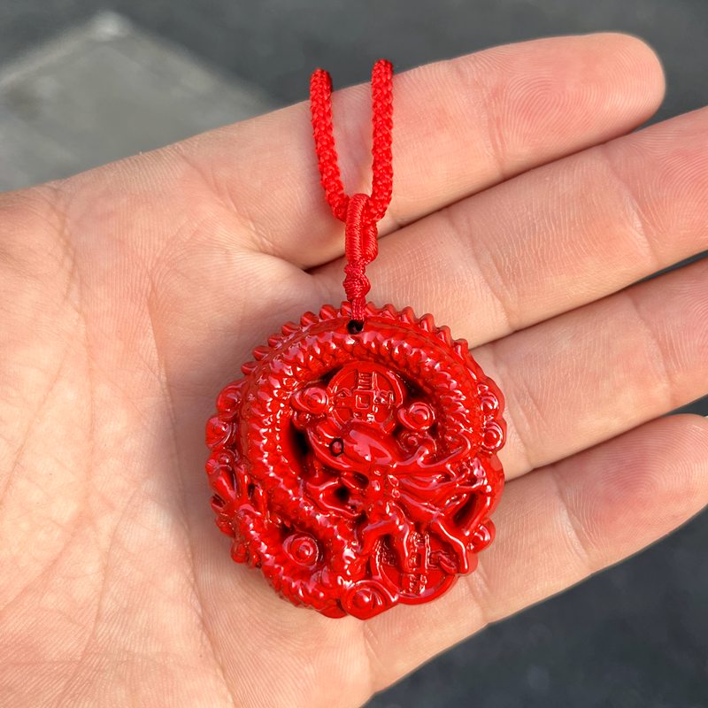 实木红色木龙牌吊坠木雕龙挂件