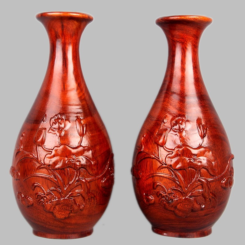 东阳木雕装饰圆形花瓶客厅家居中式花瓶雕刻荷花工艺品实木瓶摆件