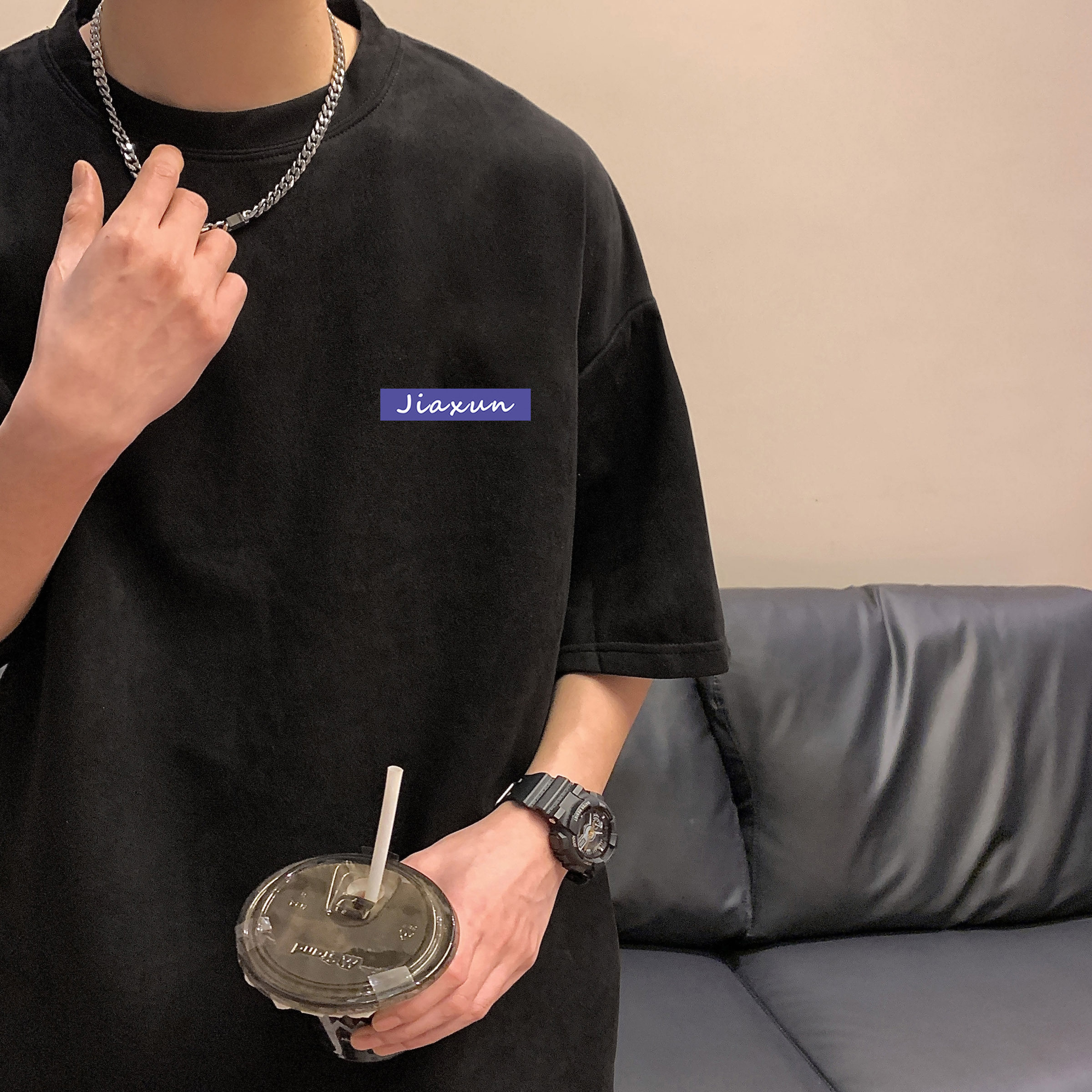 夏潮流大码美式休闲麂皮绒印花短袖T恤T3390-P22【特价】图片