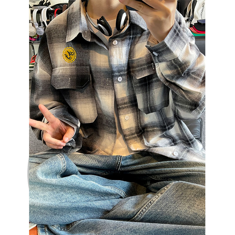 25春季拼色刺绣设计感衬衫男痞帅长袖格子上衣C2215-P47【特价】,男装衬衫,电商A007