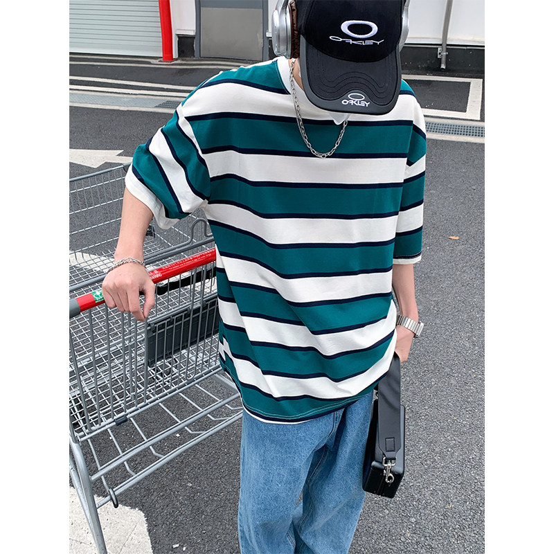 夏季潮流条纹宽松圆领短袖T恤男女百搭上衣T3601-P30【特价】,男装T恤,电商A007