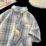 港风复古休闲大格子翻领宽松短袖衬衫外套衬衣C2226-特批P29，男装衬衫，电商A007