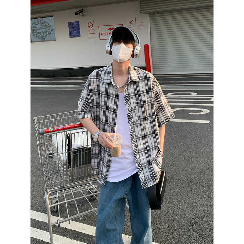 韩版潮流复古格子大码翻领短袖衬衫内搭外套DC2219-P26【特价】,男装衬衫,电商A007