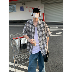 韩版潮流复古格子大码翻领短袖衬衫内搭外套DC2219-P26【特价】图片