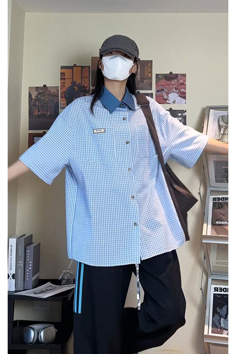 夏季港风Cityboy贴标牛仔领撞色格子短袖衬衫DC2217-P38【特价】,男装衬衫,电商A007