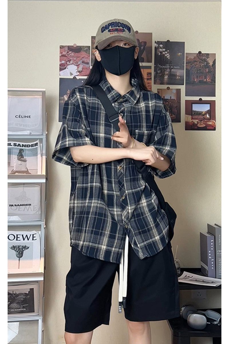 韩版潮流复古格子大码翻领短袖衬衫内搭外套DC2223-P26【特价】,男装衬衫,电商A007