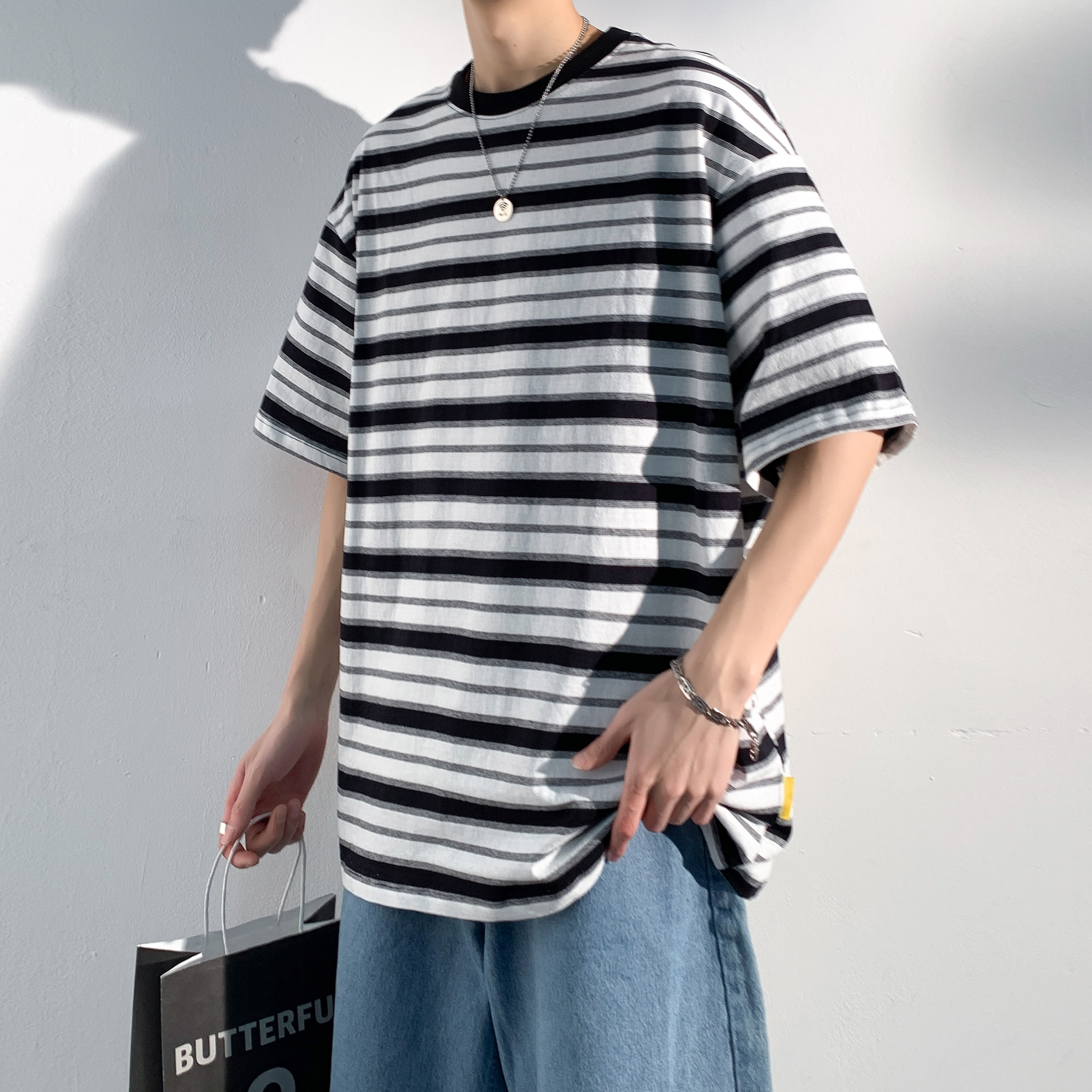 2023夏季潮流休闲圆领复古大码条纹短袖T恤T3393-P38-z,男装T恤,电商A007