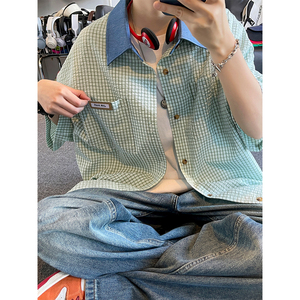 夏季港风Cityboy贴标牛仔领撞色格子短袖衬衫DC2217-P38【特价】图片