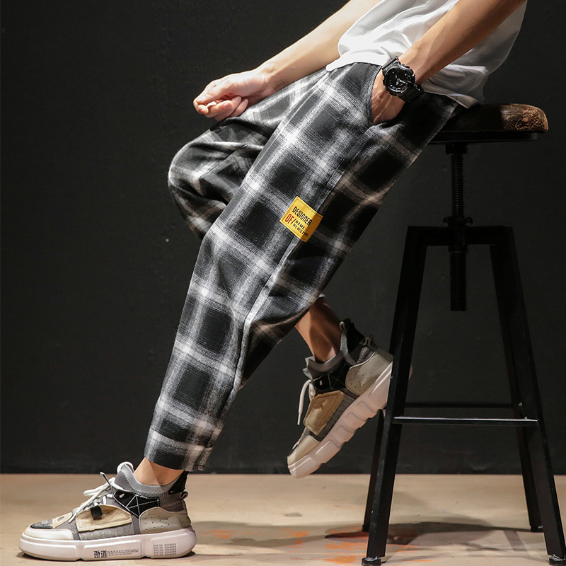 Japanese black wall model Plaid Capris large loose retro men's pants