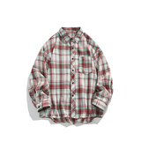 美式复古格子衬衫男生春秋季叠穿中性情侣款潮牌宽松长袖衬衣外套，男装衬衫，电商A007