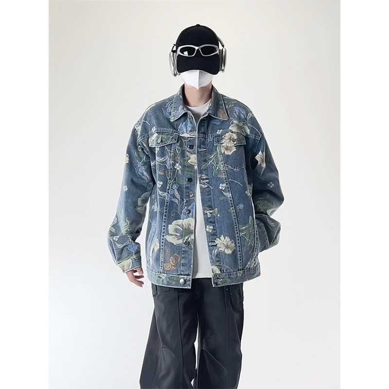 潮流花卉印花大码宽松男女拼色牛仔外套夹克JA27-P68【特价】，男装工装外套，电商A007