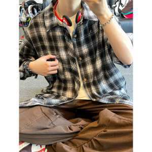 夏季潮流复古格子大码翻领短袖衬衫内搭外套DC2231-特价P26图片