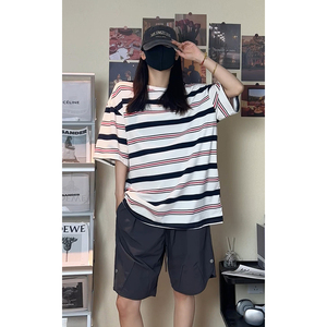 夏季潮流条纹宽松圆领短袖T恤男女百搭上衣T3602-P30【特价】图片