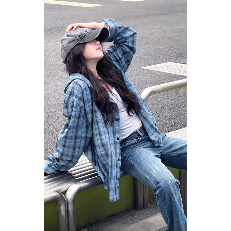 连帽格子长袖衬衫男女宽松衬衣防晒外套美式复古C2238-特价P35，男装防晒衣，电商A007