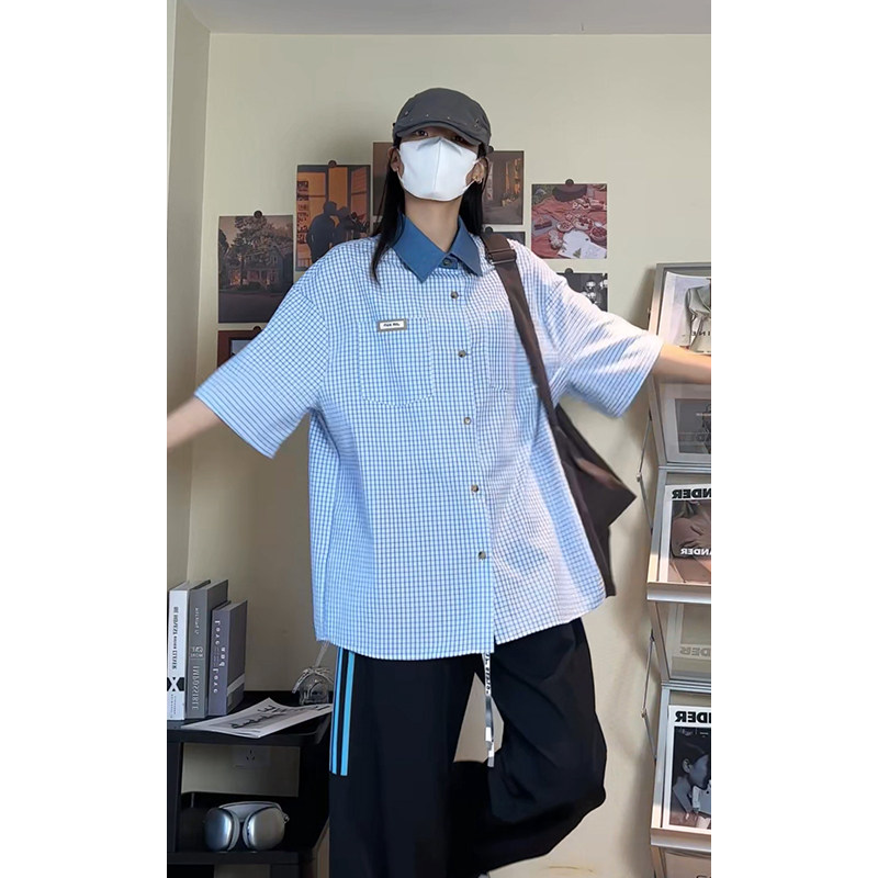 夏季港风Cityboy贴标牛仔领撞色格子短袖衬衫DC2217-P38【特价】图片