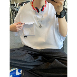 美式设计感口袋短袖t恤男女款大码夏季简约纯棉T恤T3609-特价P26图片