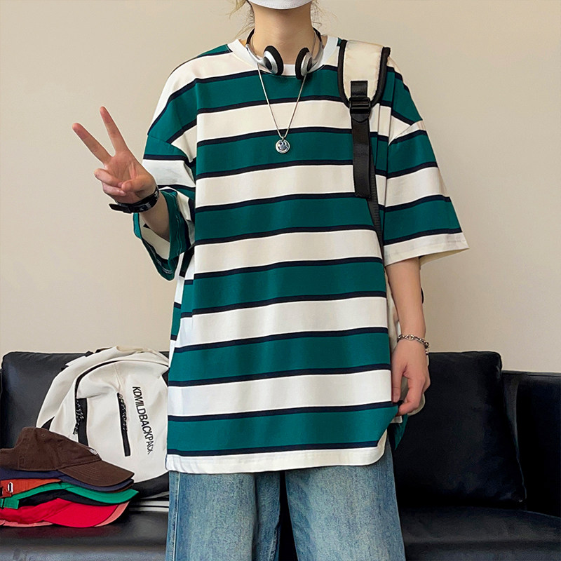 夏季潮流条纹宽松圆领短袖T恤男女百搭上衣T3601-P30【特价】,男装T恤,电商A007