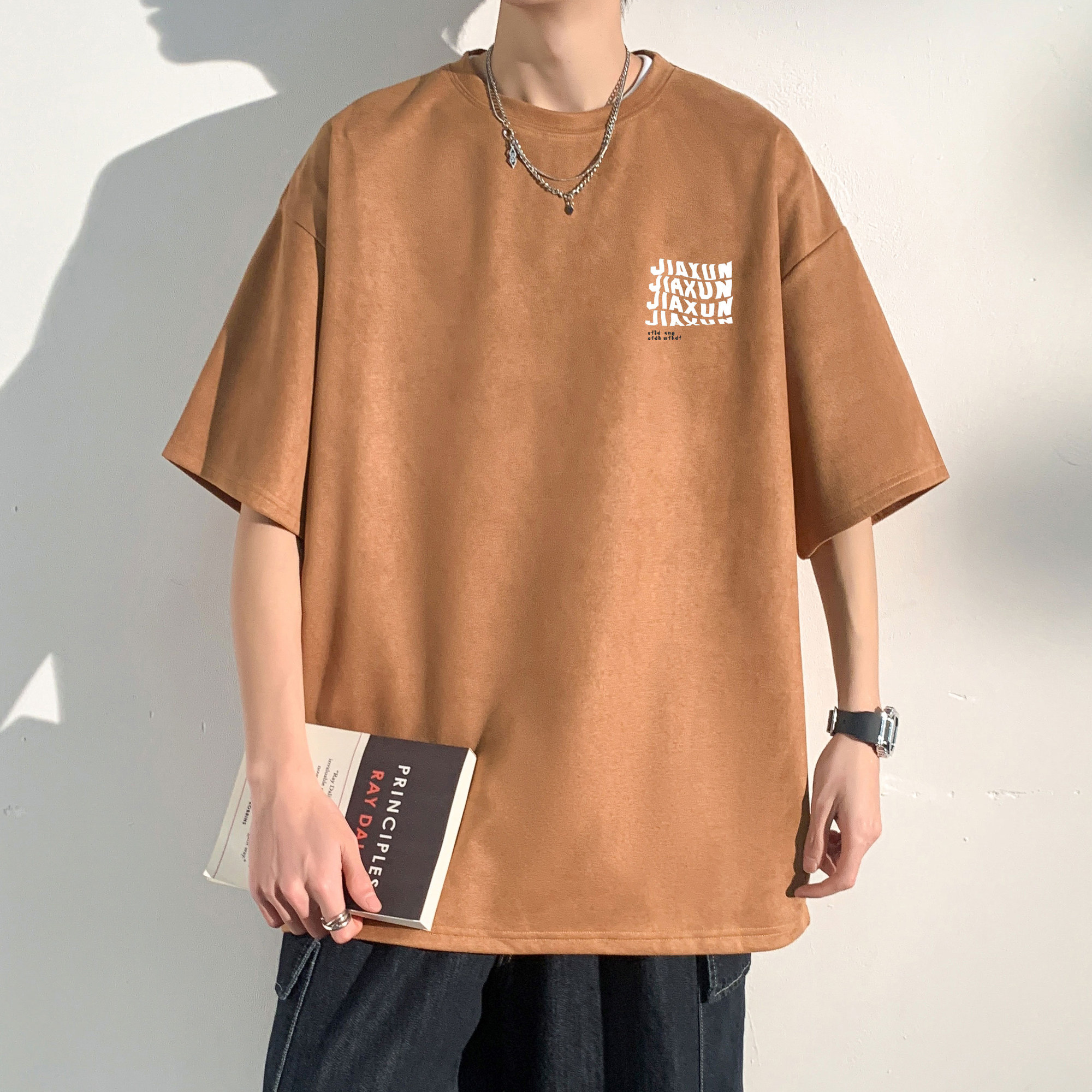 港风重磅麂皮绒短袖T恤男夏季美式潮牌oversize高街潮流七分半袖,男装T恤,电商A007