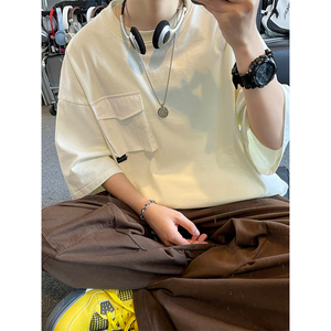 美式设计感口袋短袖t恤男女款大码夏季简约纯棉T恤T3609-特价P26图片