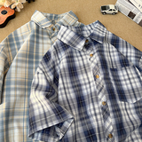 港风复古休闲大格子翻领宽松短袖衬衫外套衬衣C2226-特批P29，男装衬衫，电商A007