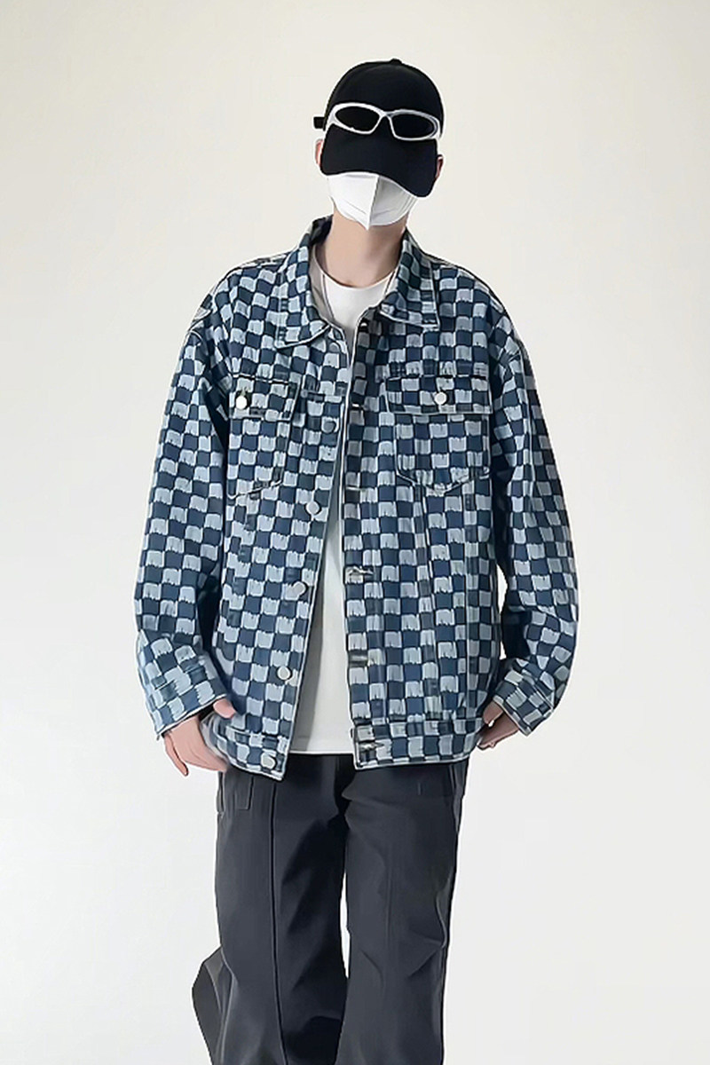 春季休闲大码宽松棋盘格男女拼色牛仔外套夹克J3736-P57【特价】,男装工装外套,电商A007
