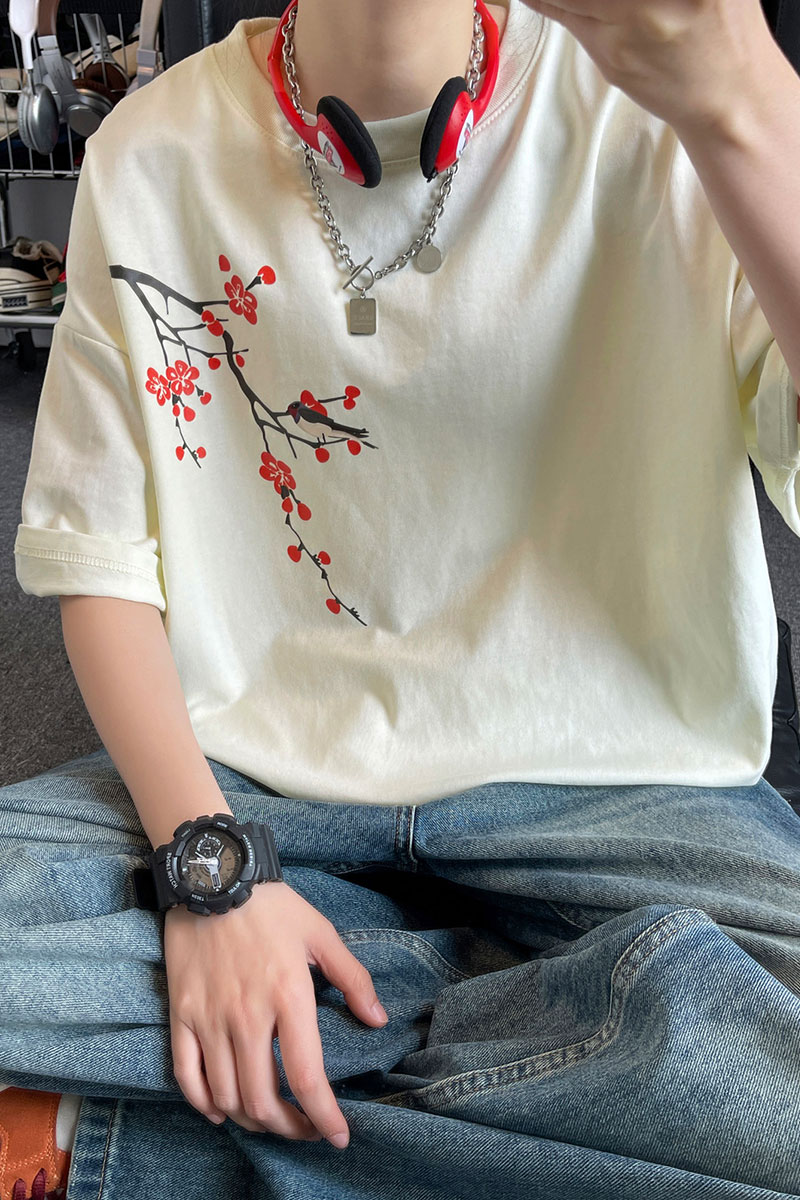 风新中式梅花240克双纱精梳棉半袖短袖T恤T3514-P25【特价】,男装T恤,电商A007