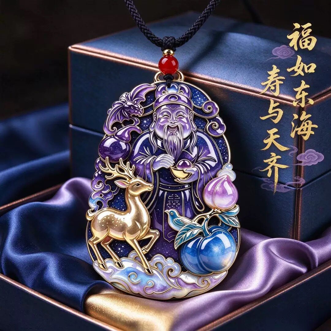 【先生推荐】国风福禄寿珐琅彩财神爷祥鹿吊坠时尚项链精美车挂件